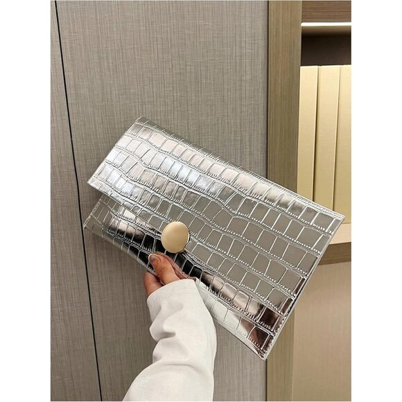 Women's Silver Metallic Crocodile Style Envelope Clutch Bag, Evening Formal Wedd - Picture 4 of 7